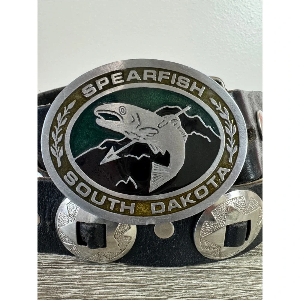 Vintage Concho Belt with South‎ Dakota Trout Belt Hit Line USA Black Leather 44